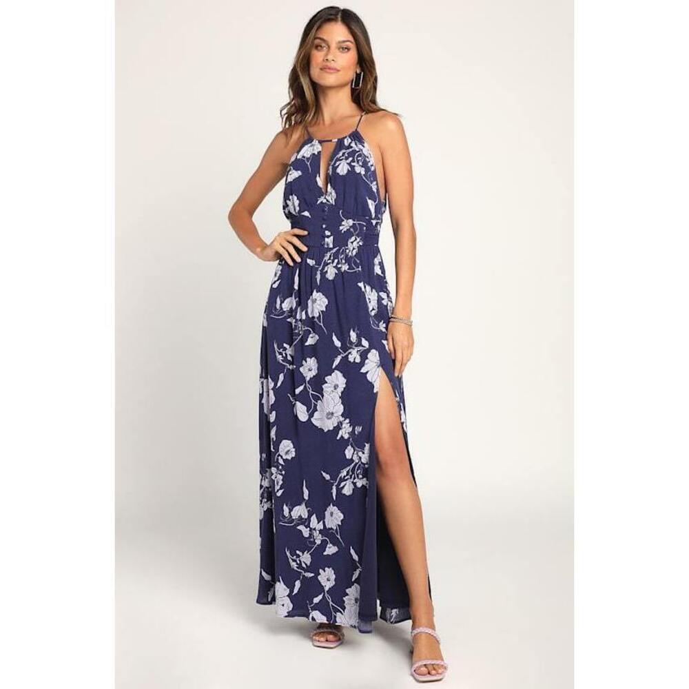 Lulus First Blossoms Navy Blue Floral Print Halter Maxi Dress - Size S